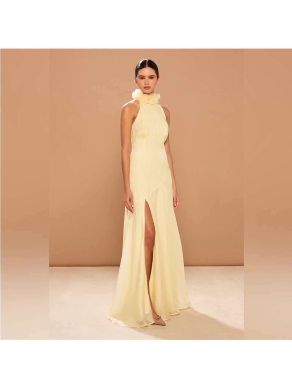 Sonya moda Halter Maxi Dress in Soft Yellow with High Slit